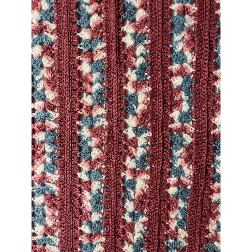 Vtg Handmade Crochet Afghan Throw Blanket Scallop Edge Blue Mauve White 46x68